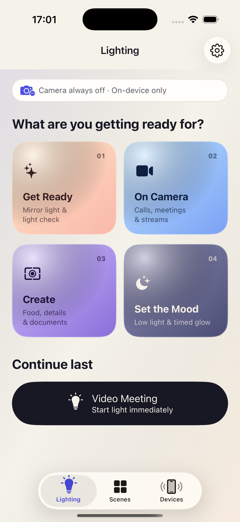 GlowRig home screen with a quick start for video meeting light
